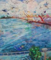 松村 陽子 さん　「お台場の海」　油彩身近な風景を描かれています。毎回の授業で余った絵の具をキャンバスにのせて置くことで、色彩豊かな下地のキャンバスができました。その地を活かし、色味がうっすらと透けて見える効果を用いて深みのある作品に仕上がっています。ペンティングナイフの跡をあえてそのまま残す箇所と描く部分の差をつけるなど、緩急を意識されて表現されているところが見事です。（講評：工藤）