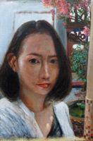 坂田 雅彦 さん　「静かな時間」　油彩本当に粘り強く人物の表情と雰囲気を追い続けた御作品です。人物画において描き手が納得出来る雰囲気に達する事の難しさを実感する制作だったはずです。その答えは描き手である御自身が納得出来るまで描き続ける所にしかないこともあらためて感じました。今回のご出品で一つの区切りとなりましたが、今作かまたは今後か、この人物像の本当の完成がまだあるかもしれません。積み重ねられた丁寧なタッチ、漏れ指す陽光の輝き、見据えた視線の穏やかさ、描き手と御作品の間に流れる「静かで永遠な時間」を感じます。（講評：齊藤）