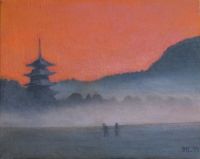 中谷 久美子 さん　「備中国分寺」　油彩一見すると旅や過去の体験の記憶から描かれたような御作品ですが、何気ない新聞の断片写真から描き起こされました。絵画の素材として映像的な情報が非常にわずかなものでしたが、それを『絵心』で増幅して補うことによってムード溢れる御作品にまで高めています。朝靄の中で行き交う人の会話が聞こえてきそうな雰囲気描写が大変見事なものとなっています。写真では完全に暗く潰れてしまっていた状況を違う時間帯の資料や想像力を駆使して絵画として不足のない情報量を盛り込めました。（講評：齊藤）