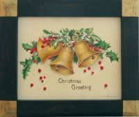 芳賀 智子 さん　「アンティーククリスマスカード模写」　水彩クリスマスシーズン連続講座のお作品となっています。約100年前のクリスマスカードの模写になっていて、透明水彩絵具を先のやわらかい色鉛筆を使うようにハッチング、またはクロスハッチング技法でゆっくりと描き込んでいきました。下準備としてセピア調のグリザイユ(モノクロの単色画で立体感を出す)もほどこされ、元絵の年月のたった風合いが見事に再現できています。透明水彩にしては色調にメリハリもあり、とても見映えの良い仕上がりになっています。額も連続講座で制作された手作り品となっています。（講評：宮脇）
