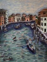 向井 泰弘 さん　「聖マルコの夕暮れ」　油彩イタリアを訪れた折に写真に収めた風景より描かれました。陽が落ち始める夕刻の色合いを、柔らかなゆったりとした筆遣いでとても良く表現しています。旅先で感じられた空気までこちら側に伝わってくるようです。水際をかすめて飛ぶ鳥の表情もとても趣があり、素敵な旅の雰囲気が感じられるお作品です。（講評：港井）