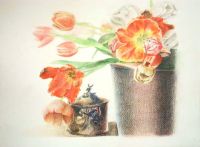 2014年2月の優秀作品内藤 実穂 さん色鉛筆 平成25入会Congratulations !空間をとても意識された作品に仕上がりました。モチーフの前後関係も的確に描きわけられています。優れたデッサン力がないと表現できないと思います。手前の花の描写もとても丁寧で色もきれいです。(講評：朝森）