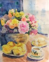 2016年10月の優秀作品斉藤 広志 さん水彩画 平成23年8月入会Congratulations !柔らかなお花の表情をゆったりした水のぼかしによって見事に表現されています。柔らかなトーンのみならず所々に暗色をとらえており、テーブルの上が豊かに表現されています。背景にも質感に合わせた表情を描かれていて、ティータイムの素敵なひと時を感じさせてくれます。(講評：港井）