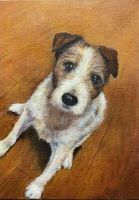 2022年6月の優秀作品林 文江さん油絵平成31年4月入会Congratulations! 家族の一員として飼われていた犬をテーマに作品を連作されています。とても良い表情をとらえておられますね。ただ自然に描写されるのではなく、とても丁寧に目の輝きや毛並みの質感などを描き込まれていて人と犬との心の繋がりを感じさせる作品となっております。また、床の木目の描写が画面にリアリティを感じさせています。(講評：朝森）